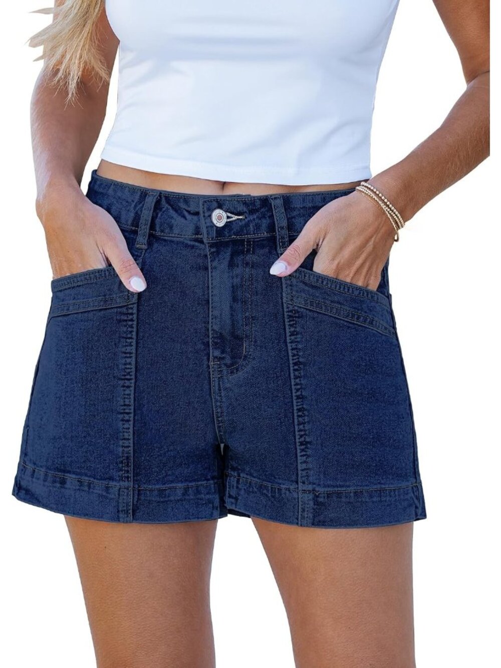 Women's Dark Blue High Waisted Stretchy Denim Jorts Stylish Shorts With Pockets
